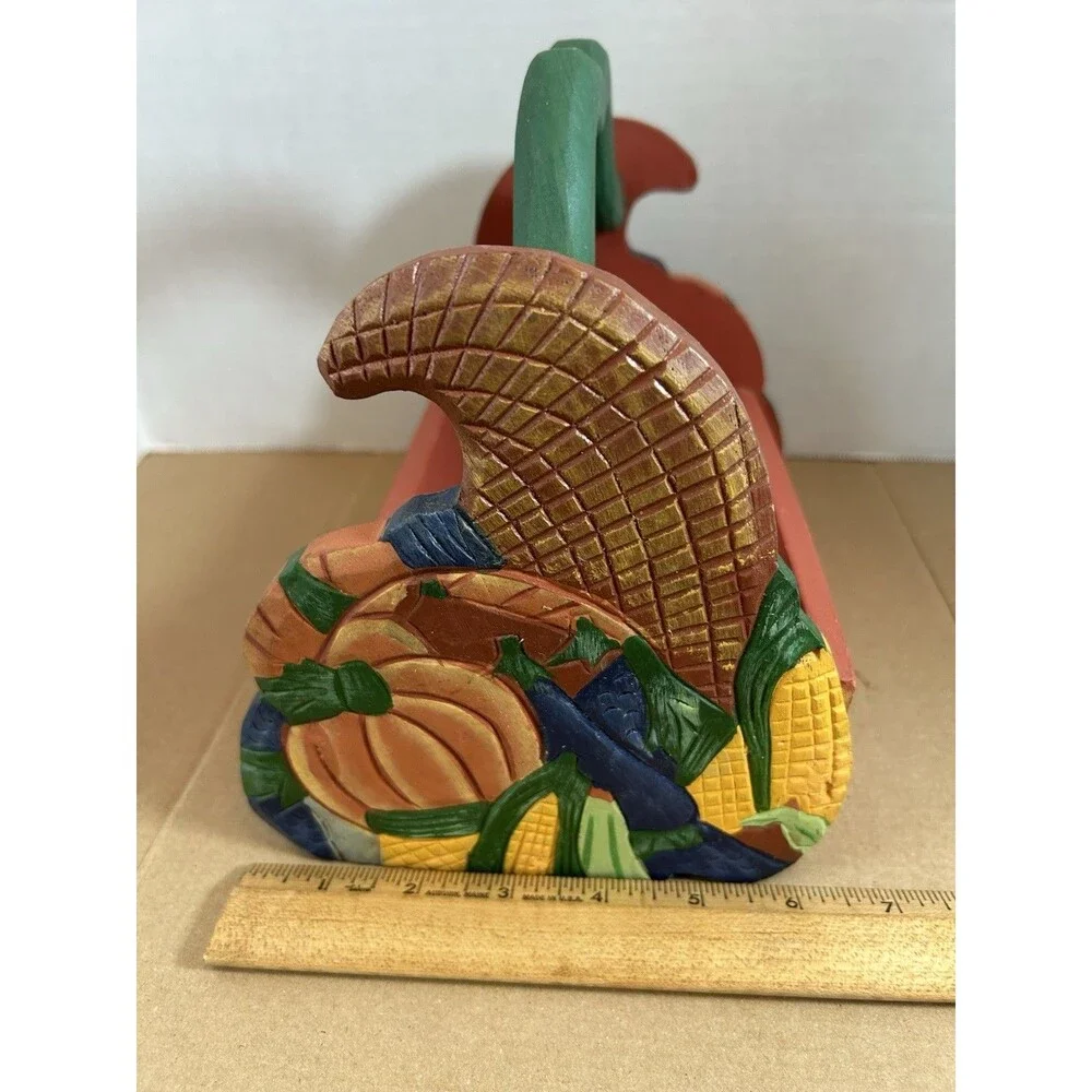 Hand Carved Wood Basket Cornucopia Fall Harvest Decor Rustic 8in Farmhouse